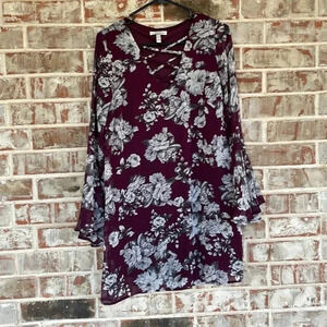 Speechless Plum Floral Sheer Lined Tunic Blouse